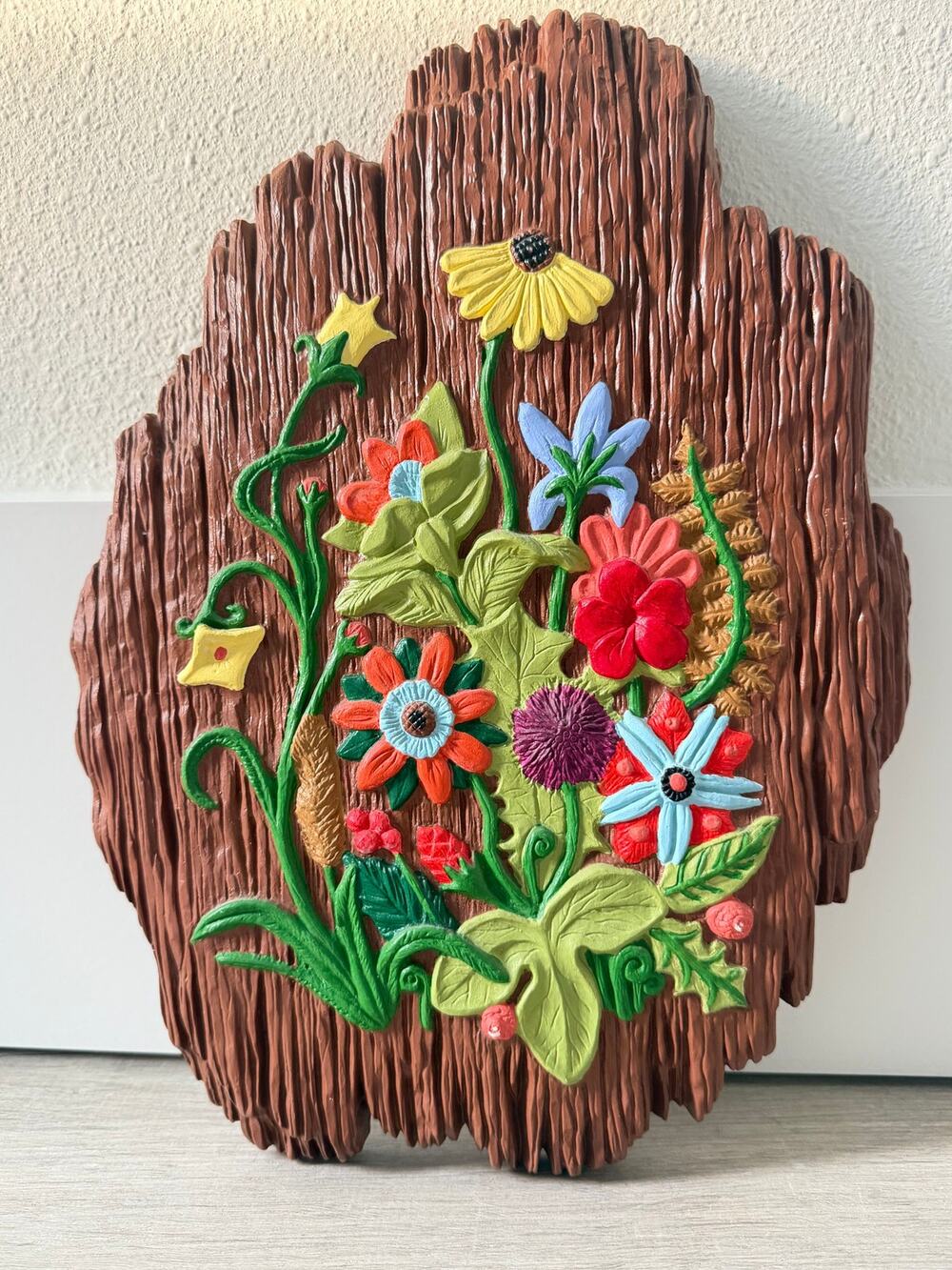 Vintage Handmade Floral Wall Plaque Rustic Vibrant styled as carved wood